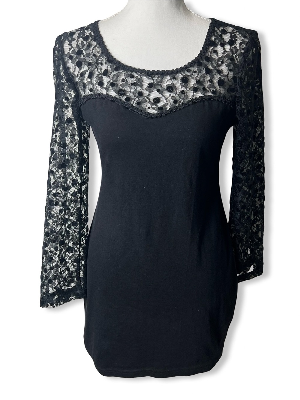 Fashion 2000 Vintage Y2K Black Lace Sleeve Whimsigoth Bodycon Mini Dress Sz M